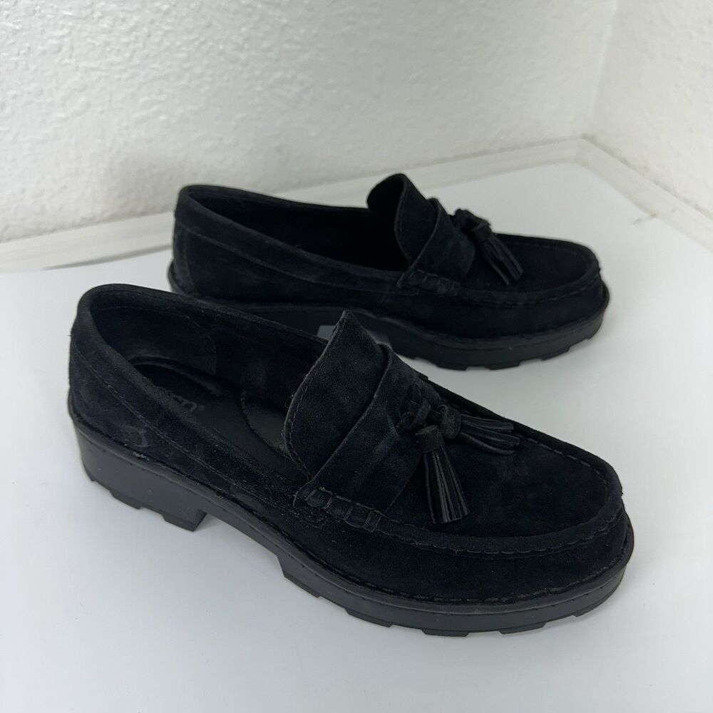 Born Womens Size 8 Capri Tassel Black Suede Lugged Loafers Shoes Capsule Preppy